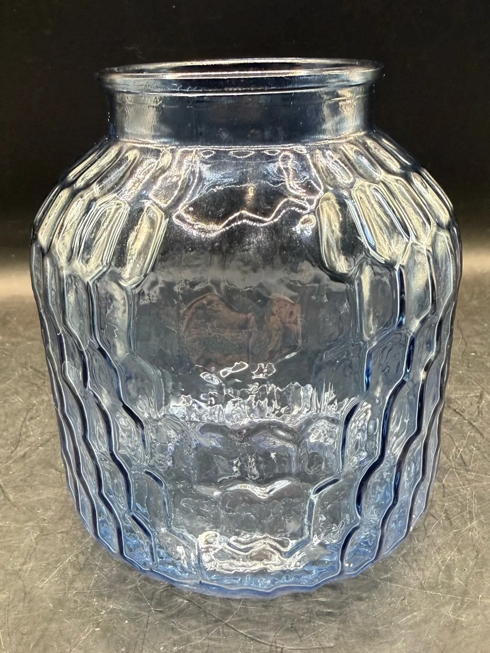 Vintage Style Blue Glass Honeycomb Vase - 5.5 Inch Bud Vase - Textured Diamond